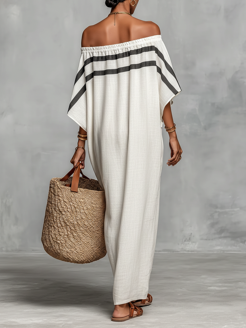 Robes maxi pour femmes dans un style minimaliste en mélange de lin avec des manches batwing et une épaule dénudée MDZ0949A8Y
