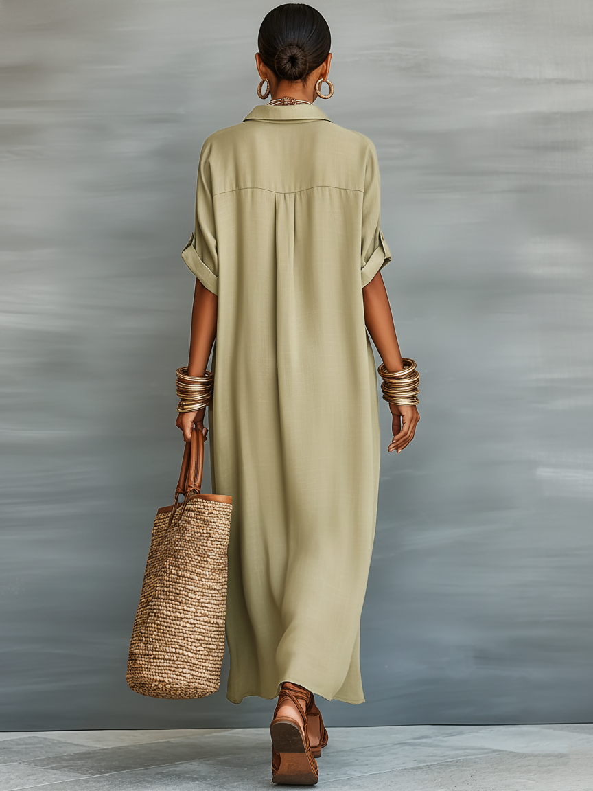 Robe maxi courte à manches courtes en tissu de lin mélangé pour femmes MDZ0647A2Y