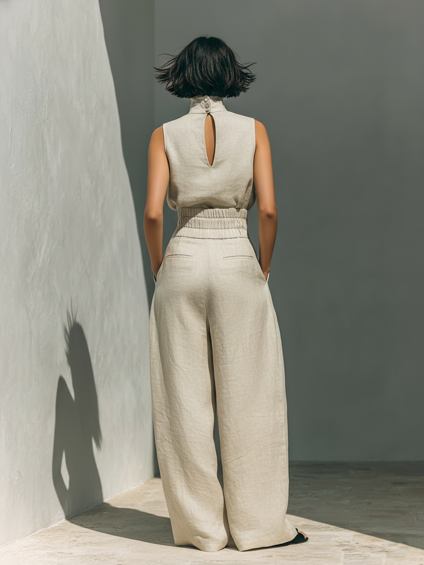 Ensemble de pantalons larges et de chemisier sans manches pour femmes en coton et lin MDZ0873A5Y