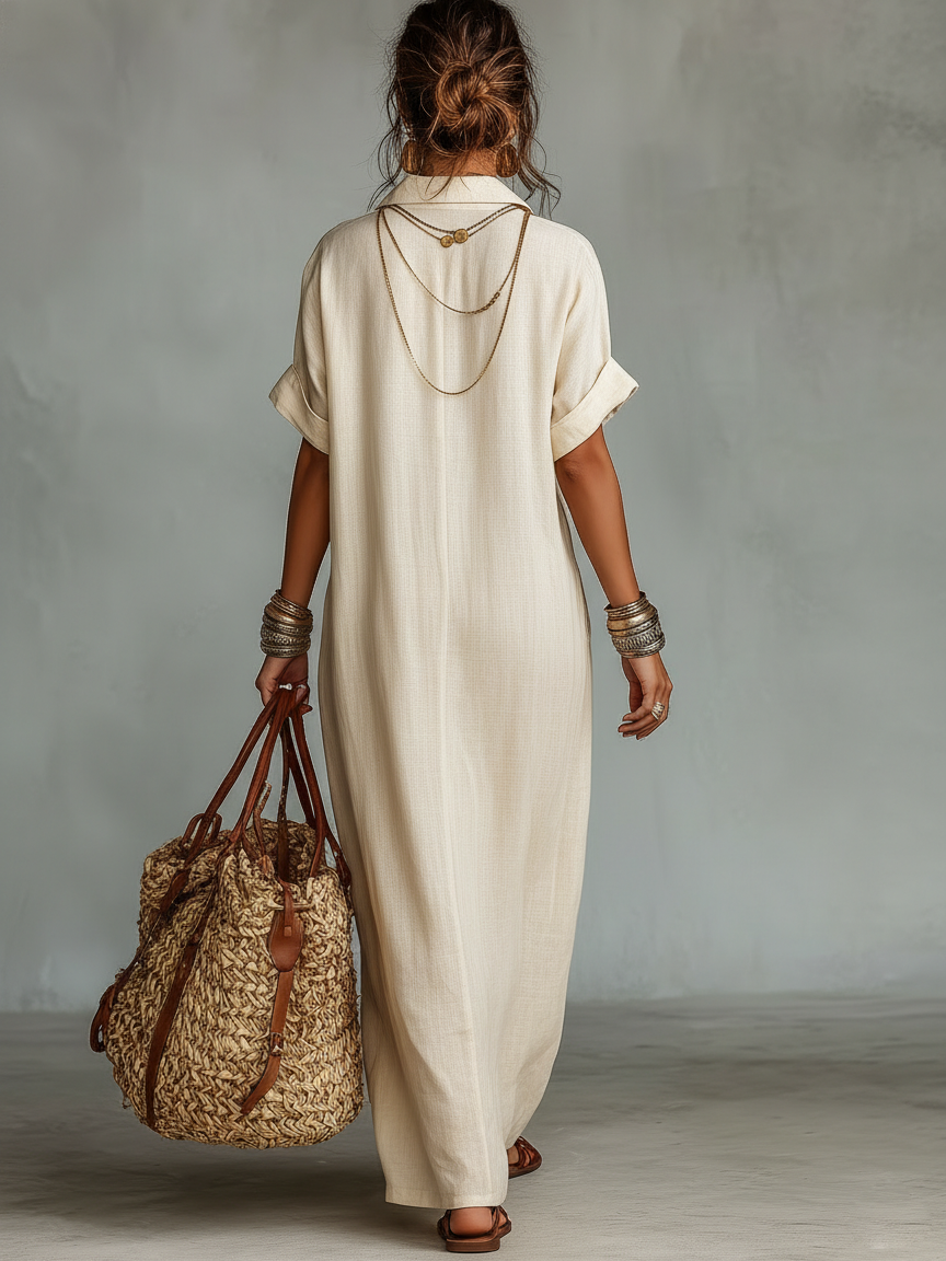 Robes maxi à manches courtes pour femmes au design minimaliste en tissu de lin combiné MDZ0600A1Y