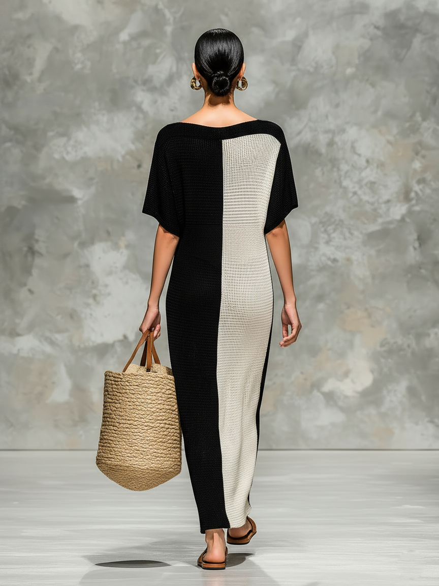 Robe maxi courte avec col bateau pour femmes, tricotée en minimalisme MDZ0969A4Y