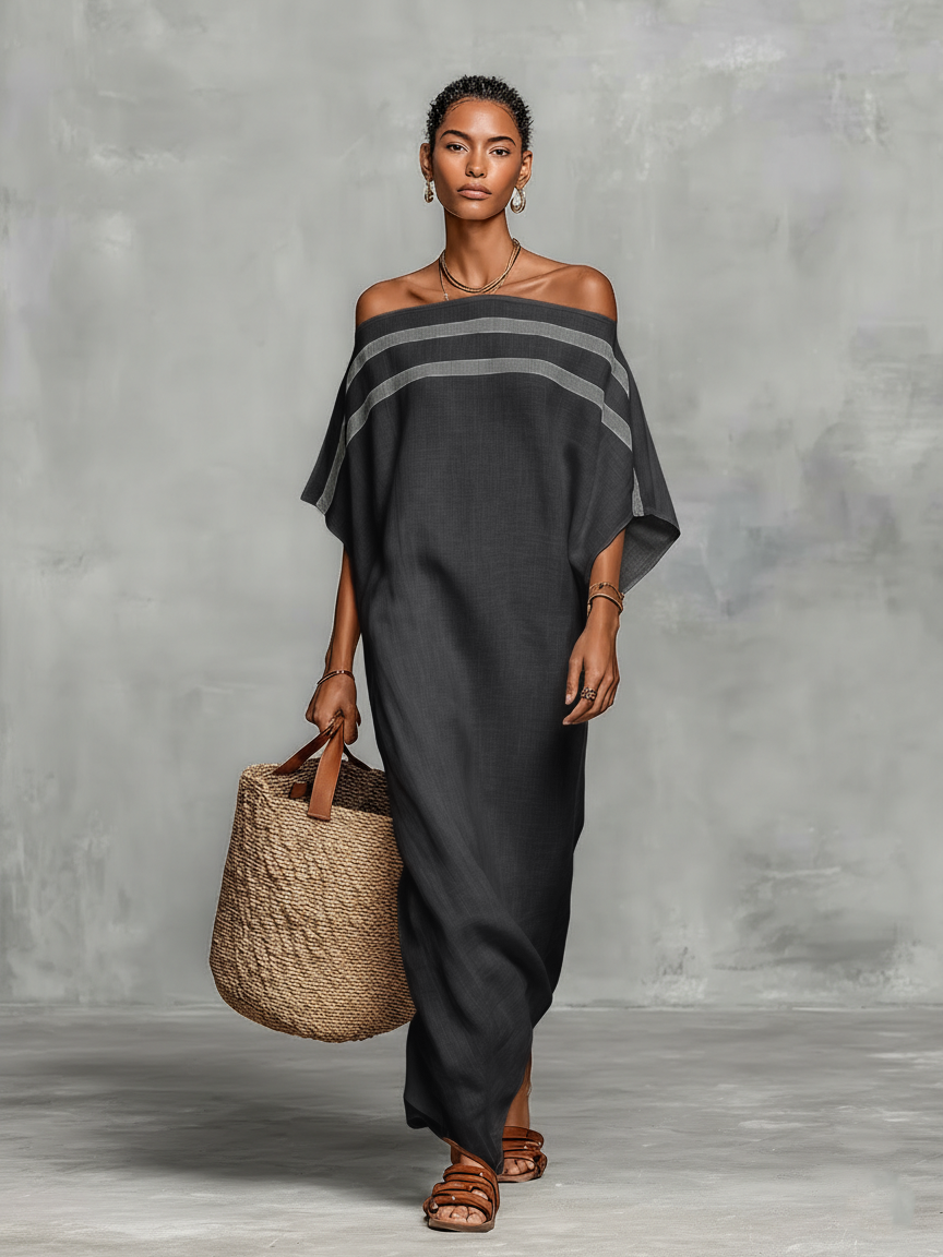 Robes maxi pour femmes dans un style minimaliste en mélange de lin avec des manches batwing et une épaule dénudée MDZ0949A8Y