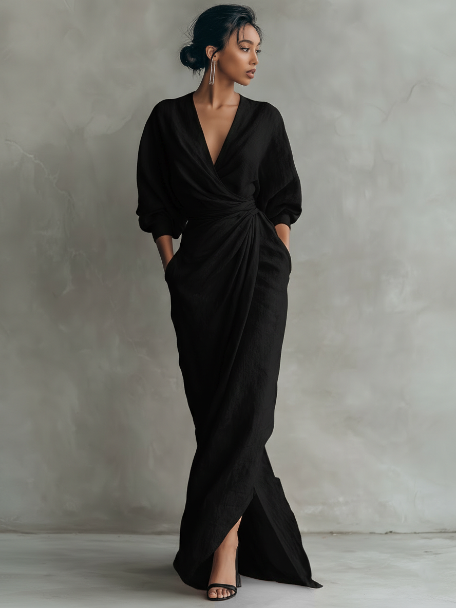 Robes longues minimalistes roses avec décolleté en V en mélange de lin pour femmes