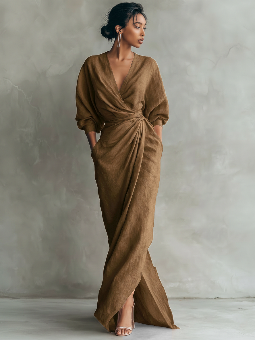 Robe longue minimaliste rose avec col en V en lin pour femmes