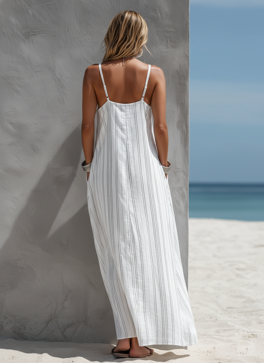 Robes longues pour femmes avec rayures verticales, blanc, léger et fluide MDZ0324C9AN