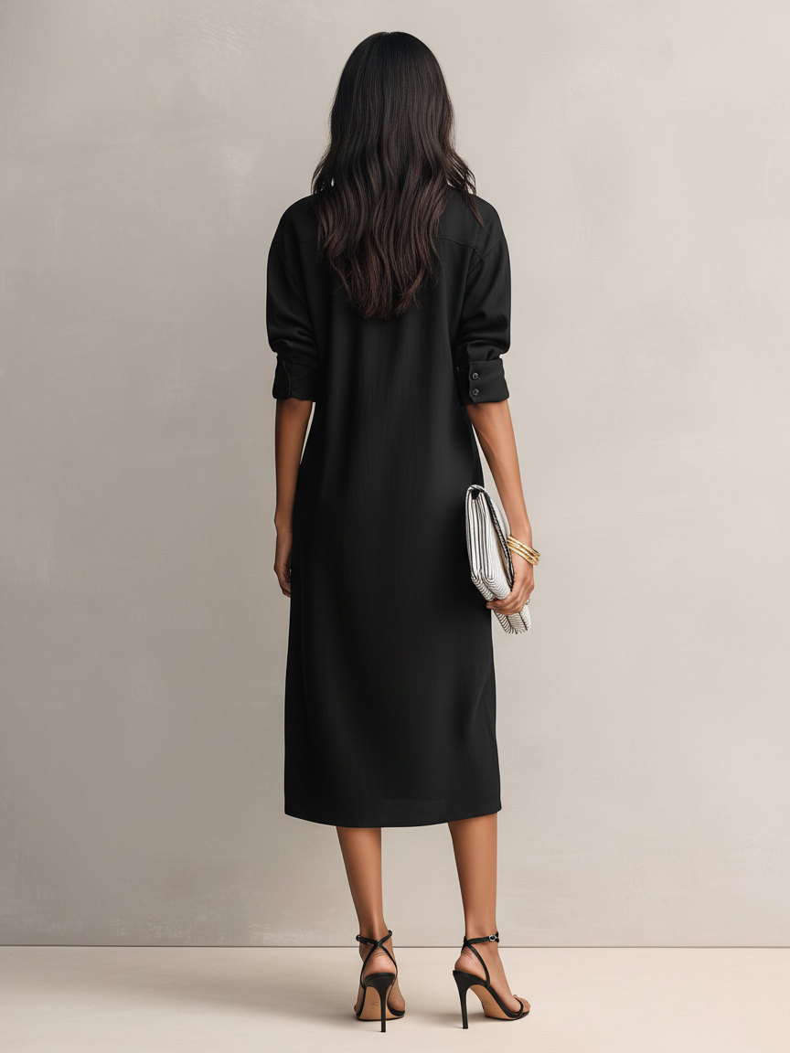 Robe midi courte à manches courtes de couleur noire, en mélange coton-lin, avec col chemise pour femmes MDZ0455C2AN