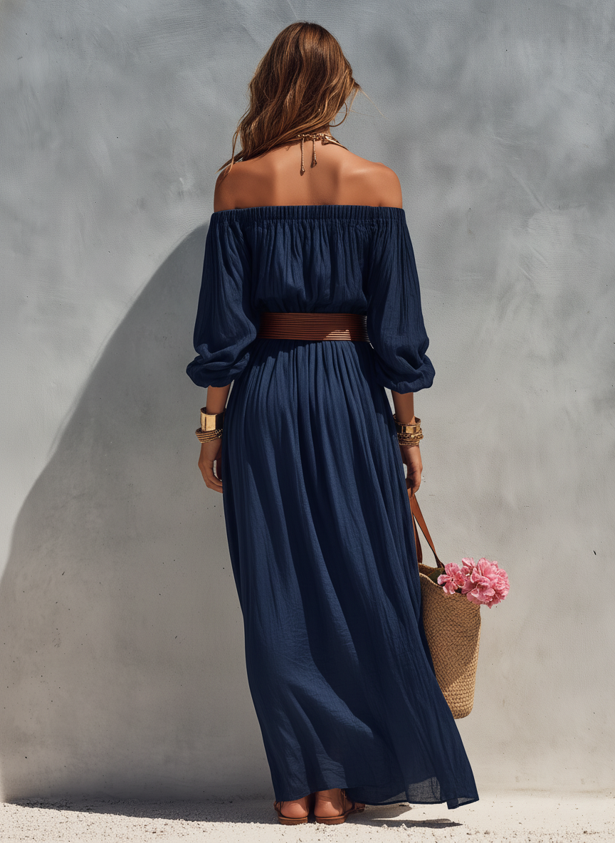Robe d'été pour femmes en bleu marine en coton et lin sans bretelles avec manches longues (ceinture non incluse) MDZ1281C1AN