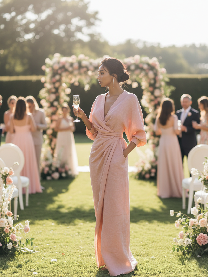 Robe maxi pour femmes en rose minimaliste avec col en V MDA1655L0Y