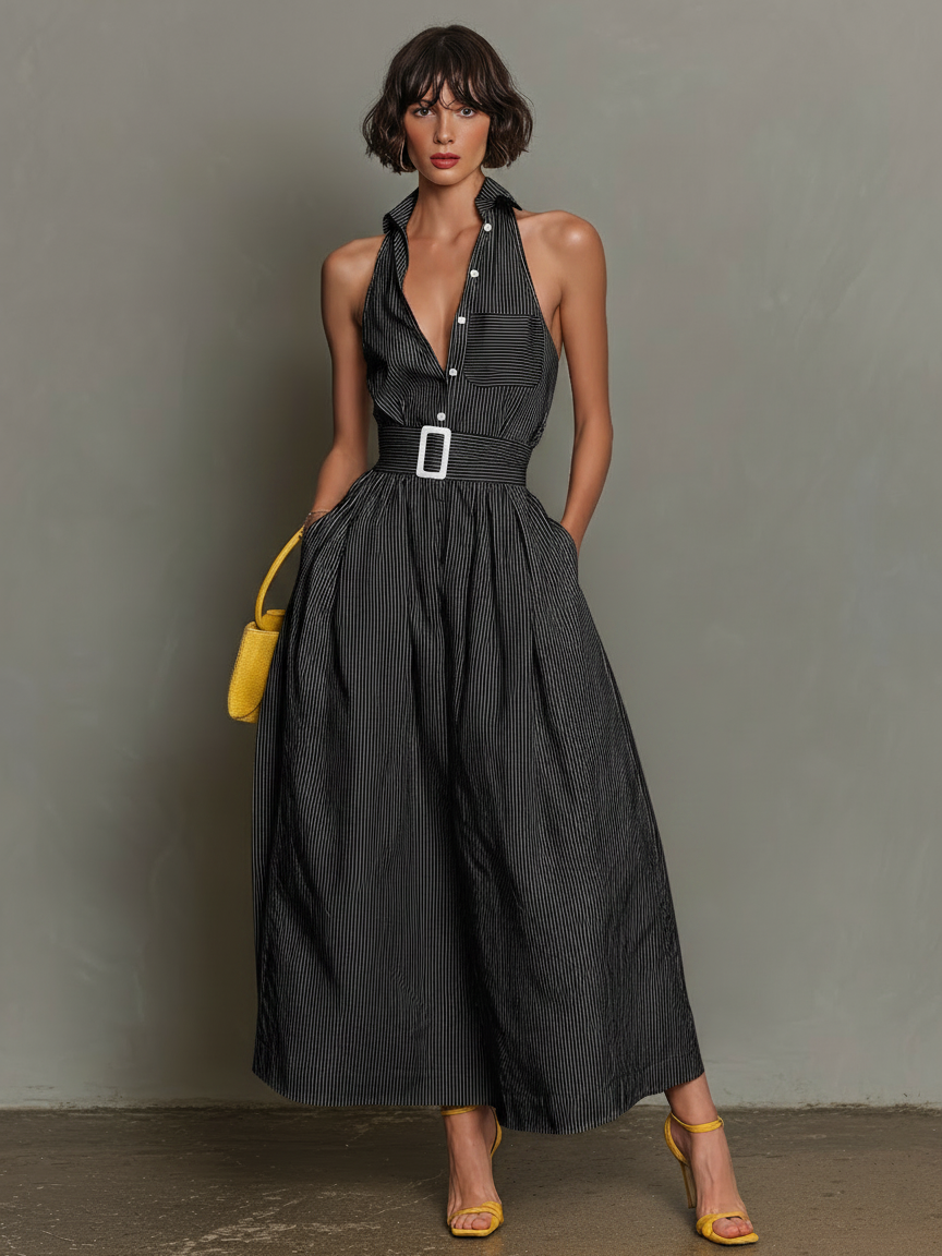 Robe maxi sans manches avec col et rayures pour femmes MDZ1099D5Y