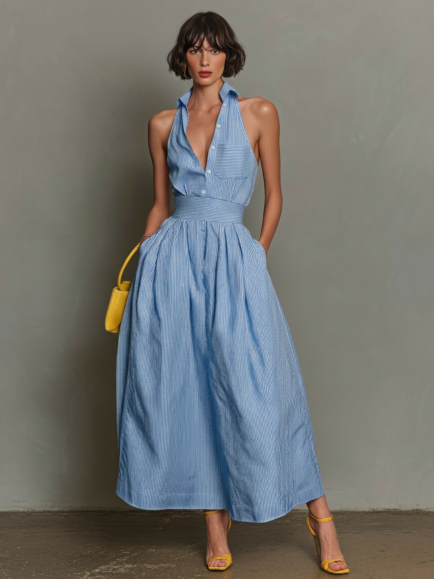 Robe maxi sans manches avec col et rayures pour femmes MDZ1099D5Y