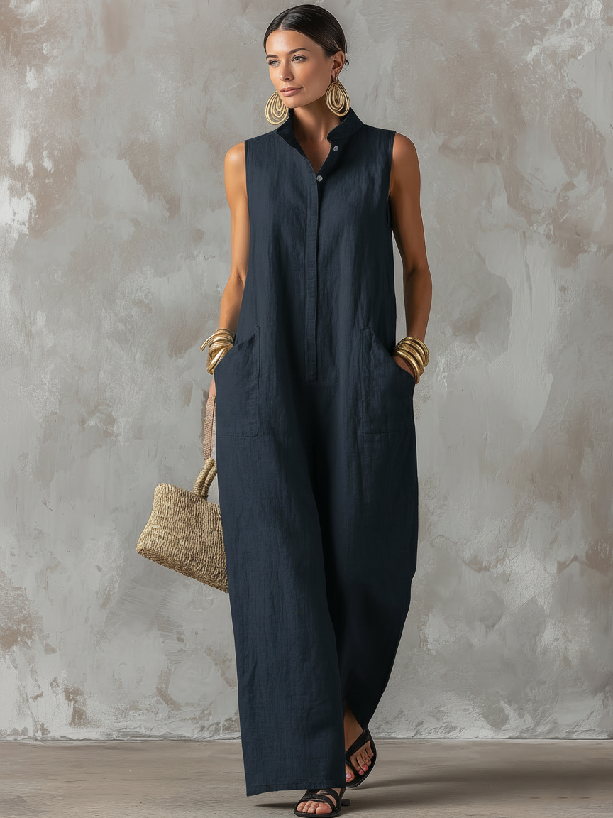 Ensemble féminin minimaliste en lin léger — col montant, sans manches, fermeture unidirectionnelle MDZ2928D6Y