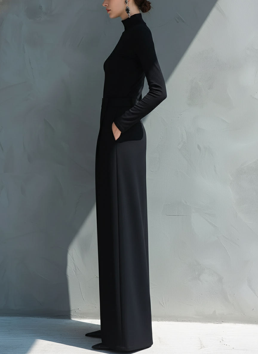 Combinaison en jersey classique pour femmes en noir avec col montant et jambes larges - MDA2133J5I