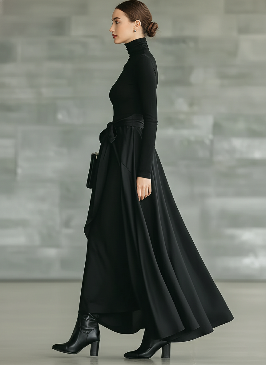 Robe maxi noire pour femmes avec col haut, stretch, tricotée et satin MDA2851J4T