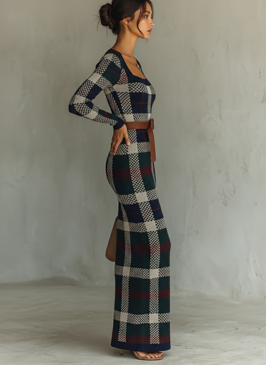 Robe maxi avec col carré, jupe fluide et tissu tricoté pour femmes MDA2984J0Y