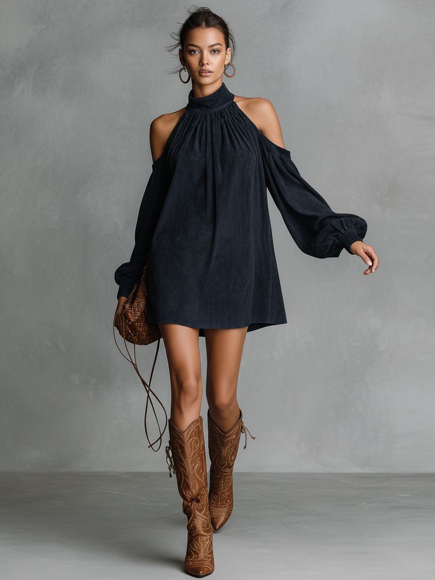 Robe mini pour femmes à coupe ample en simili cuir avec col montant et manches en forme de lanterne MDA3118J4Y