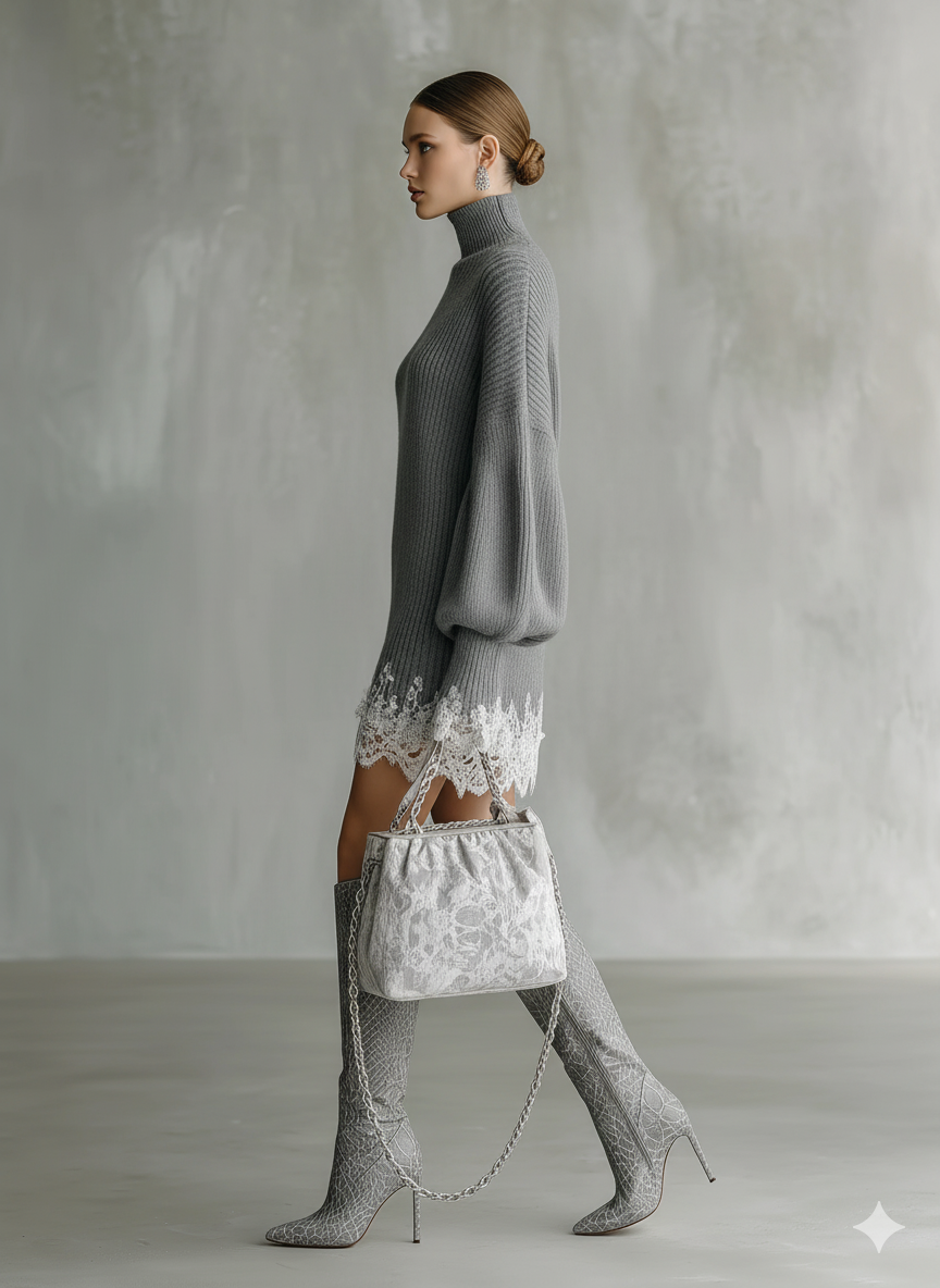 Robes mini confortables avec col roulé et bretelles en dentelle blanche pour femmes en gris MDA1157J5T