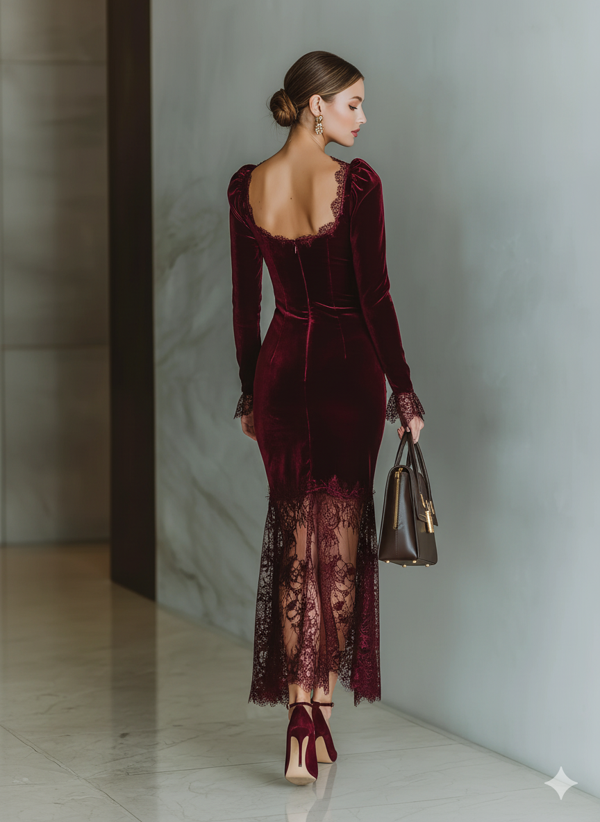 Robe maxi adaptée aux femmes en velours bordeaux MDA1190J4T