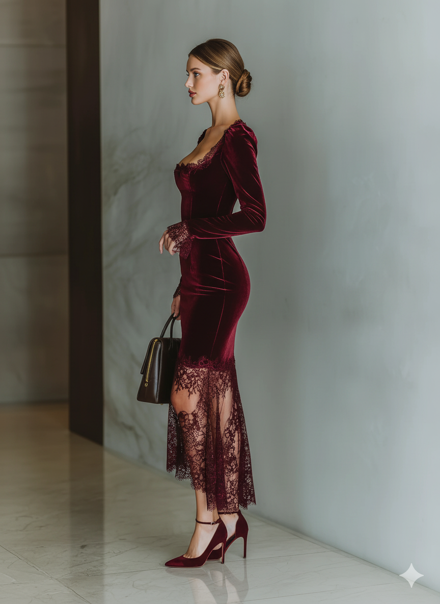 Robe maxi adaptée aux femmes en velours bordeaux MDA1190J4T