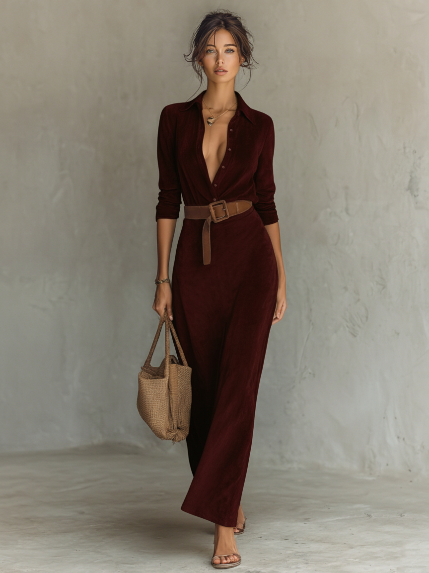 Robe maxi avec un bouton et manches courtes pour femmes MDA1205H8Y