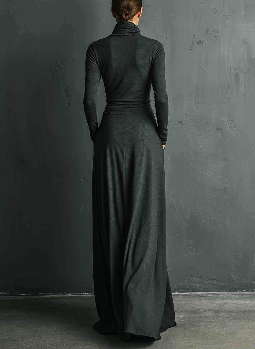 Robe maxi femme couleur anthracite avec col haut en tissu polyester-coton élégant MDA1727J1I