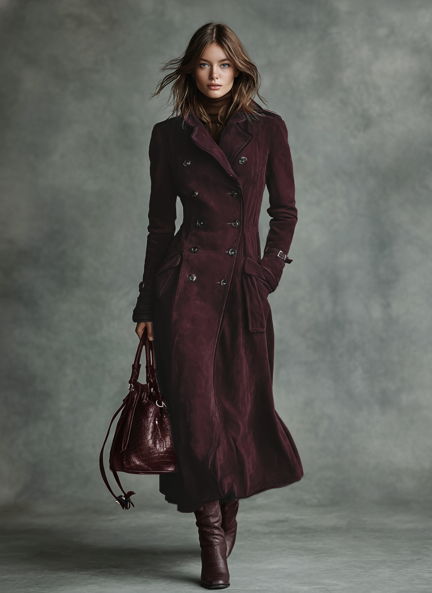 Manteau long pour femmes avec revêtement en daim, boutons doubles et pantalon MDA2580H6Y