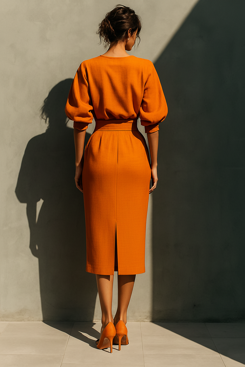 Ensemble top à manches mi-longues et jupe midi pour femmes en couleur orange