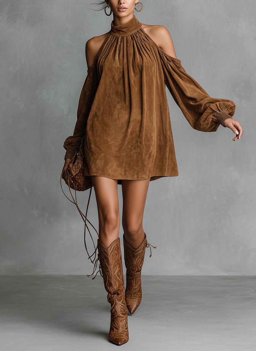 Robe mini pour femmes à coupe ample en simili cuir avec col montant et manches en forme de lanterne MDA3118J4Y