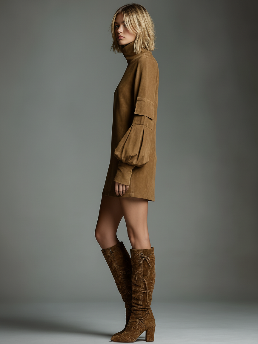 Robe mini en suédine à col roulé pour femmes