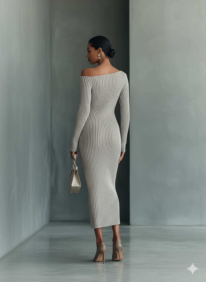 Robes tricotées grises pour femmes avec une épaule MDA0233I9T
