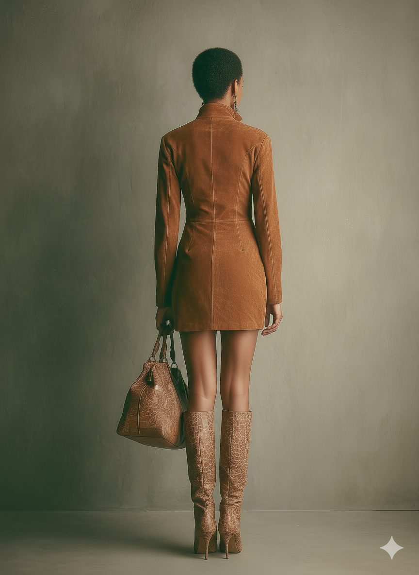 Robe mini femme marron caramel en simili cuir avec col montant et fermeture éclair MDA2432I8T