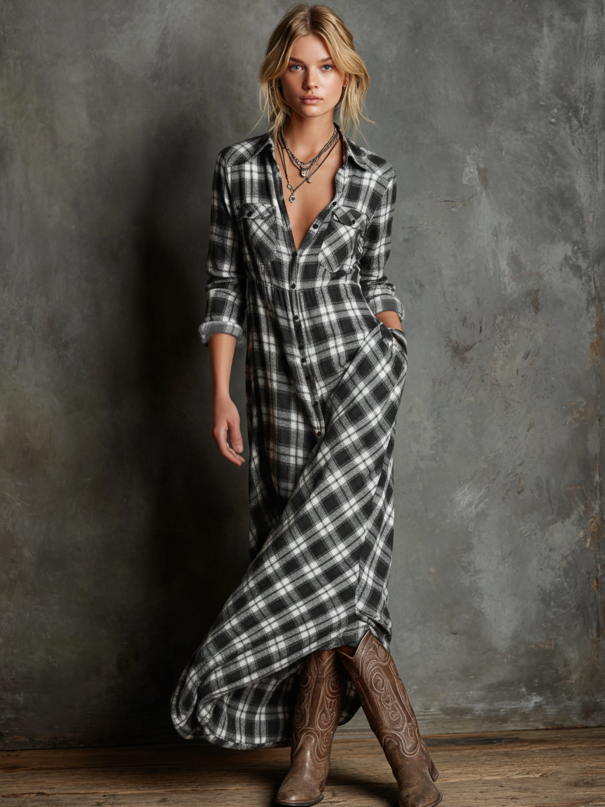 Robes maxi à col à carreaux pour femmes MDA1249H1Y
