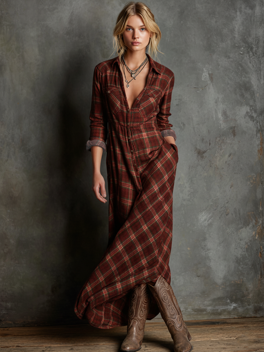 Robes maxi à col à carreaux pour femmes MDA1249H1Y