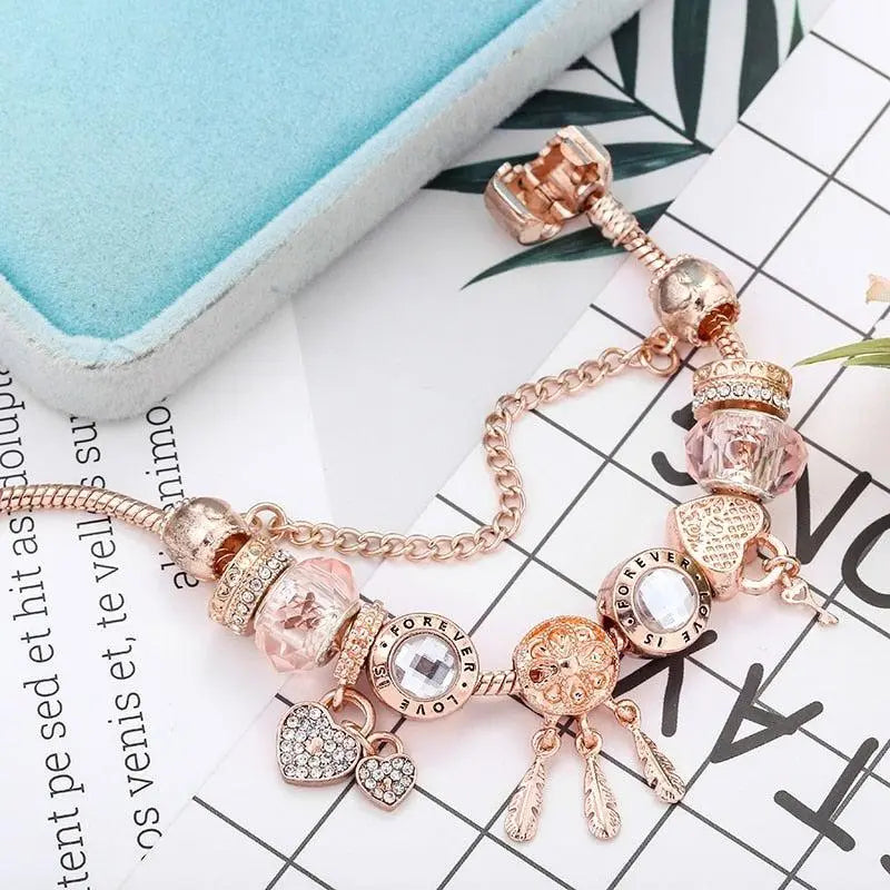 Bracelet de prières rose avec pendentifs en argent sterling inclus