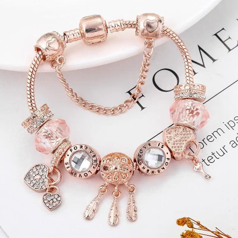 Bracelet de prières rose avec pendentifs en argent sterling inclus