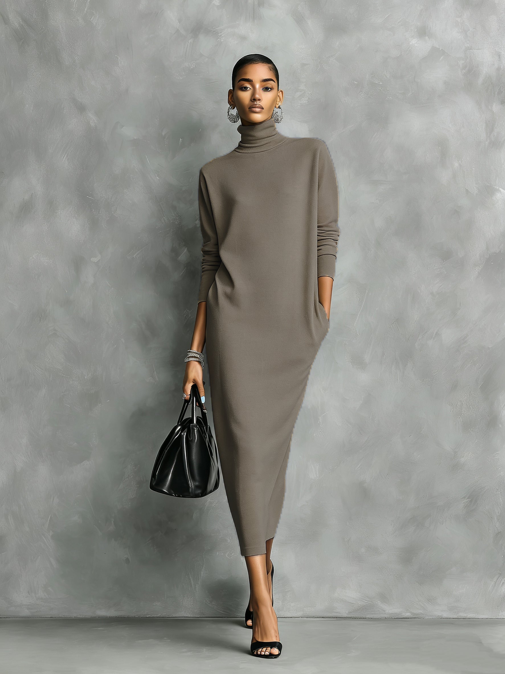 Robe midi pour femmes en noir, tricotée, avec col montant, manches longues, ample, sans poches MDA1974L7AN