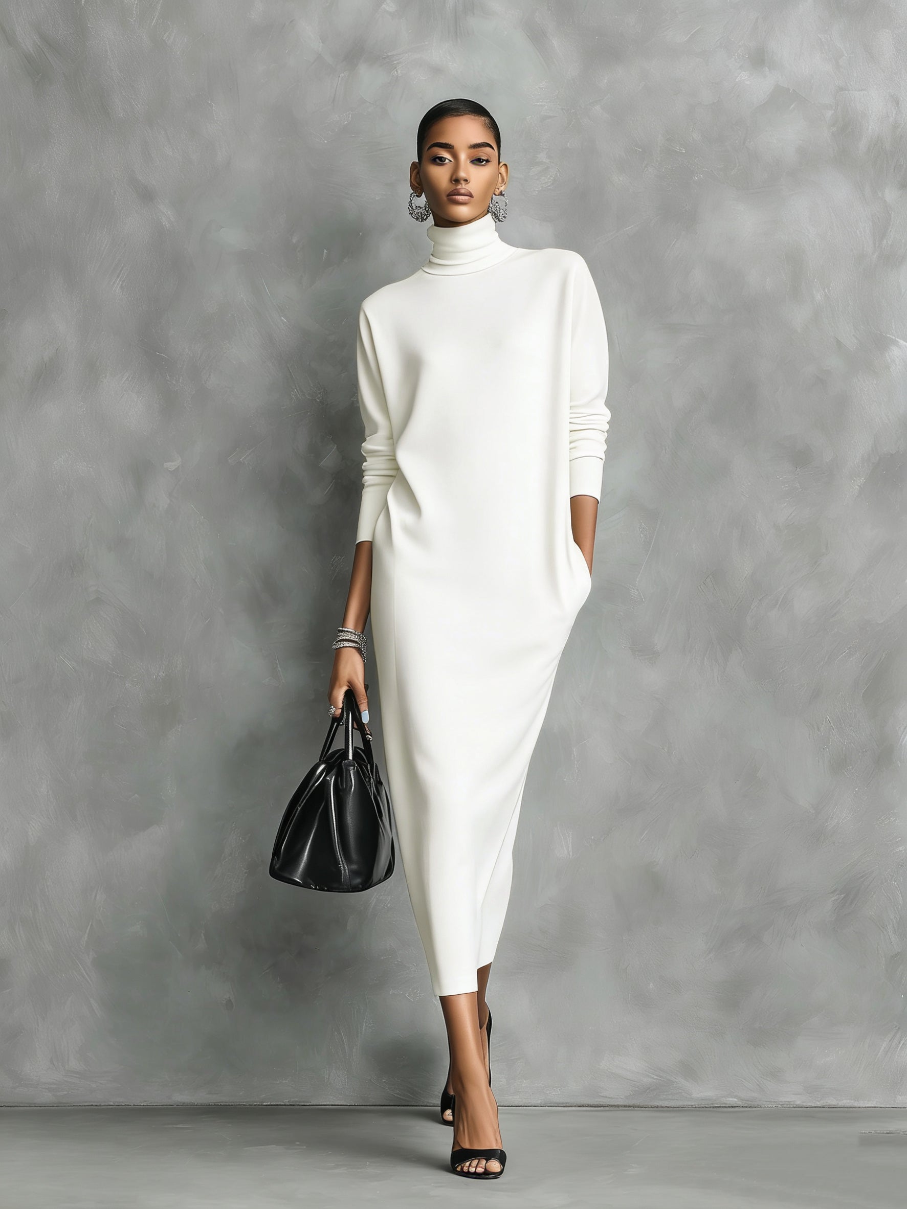 Robe midi noire élégante en maille avec col haut et manches longues, coupe douce, sans poches MDA1974L7AN