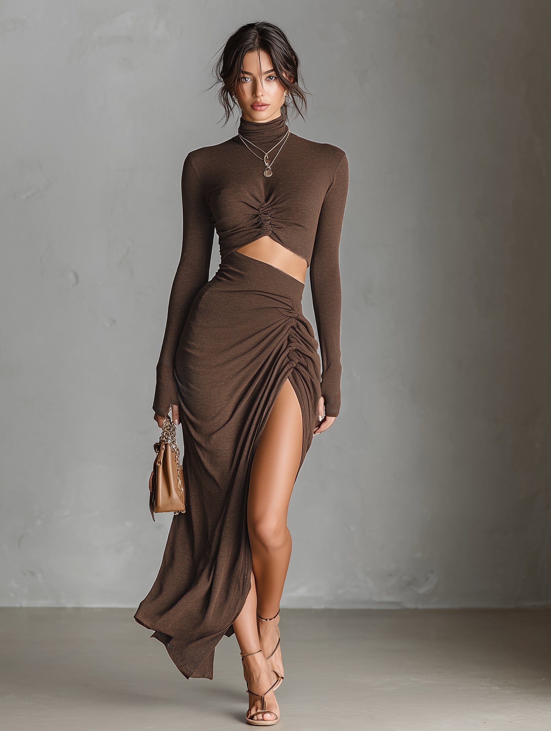 Robe femme tendance en tricot marron à manches longues MDA1939L9AN