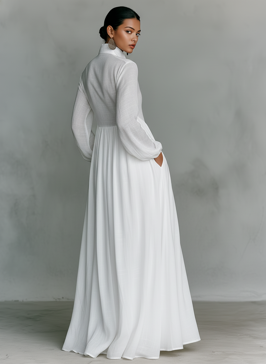 Robe maxi minimaliste pour femmes en tissu coton et blanc avec patchwork, avec un bouton, col montant et manches longues MDA0658K6Y