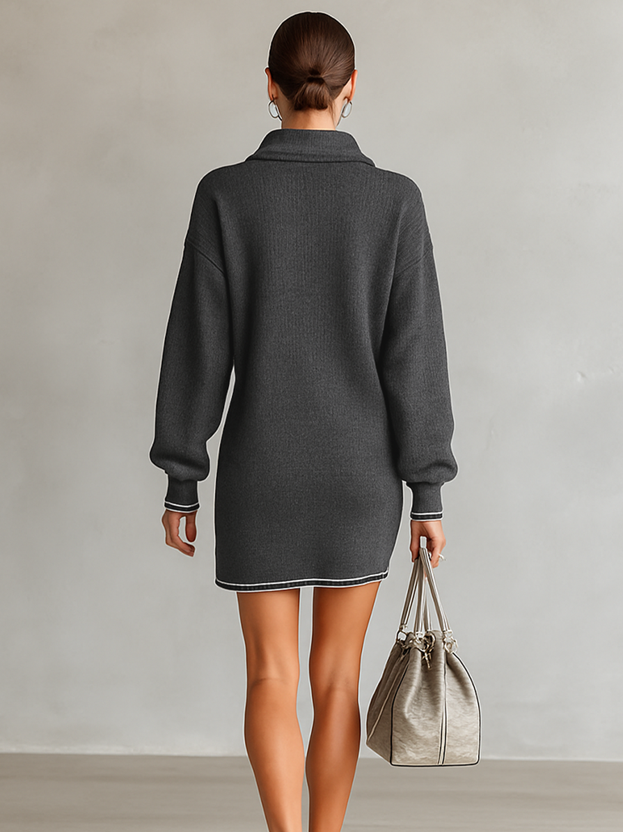 Robe mini tricotée douce avec col polo et fermeture éclair