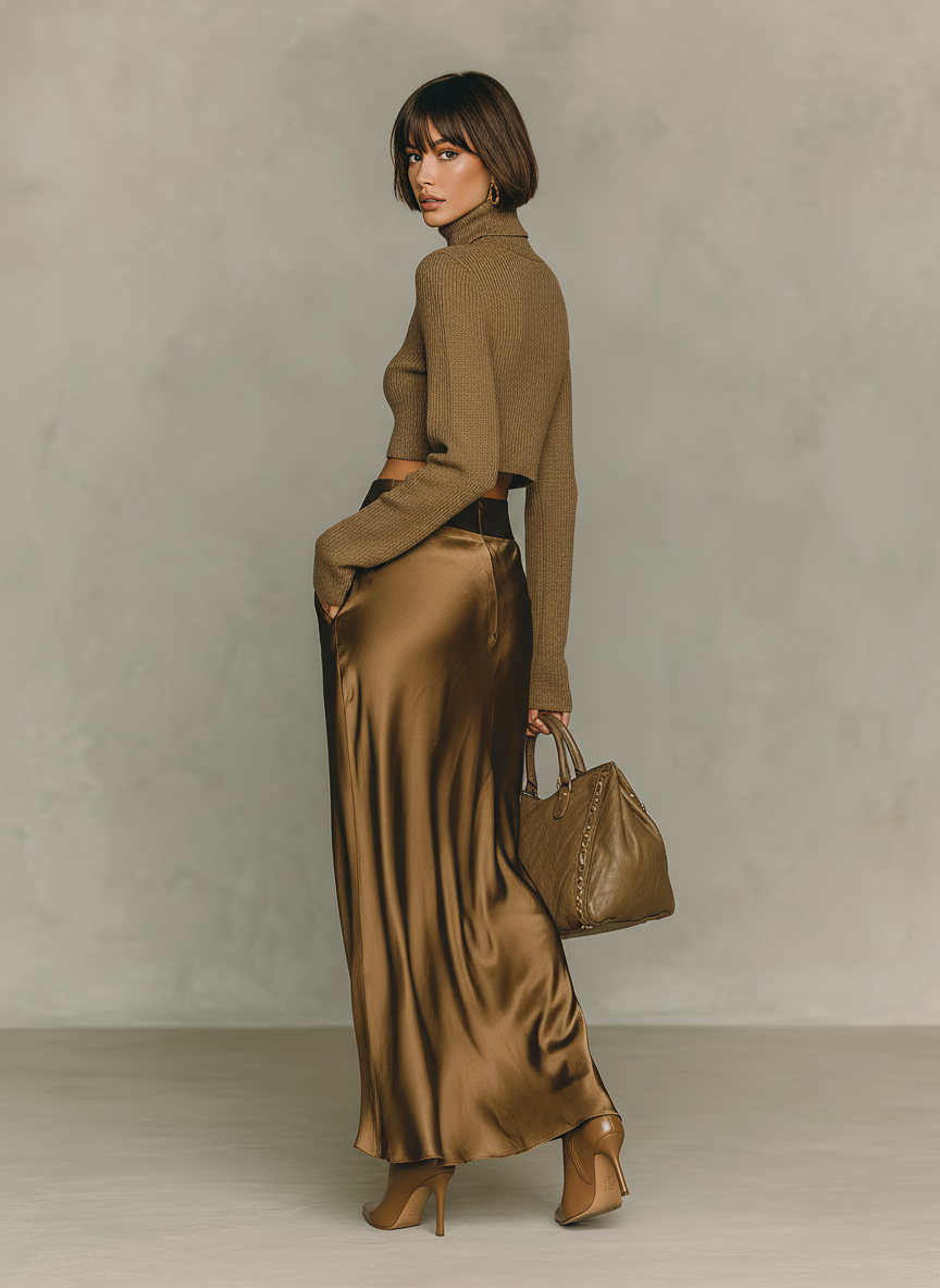 T-shirt femme tendance couleur or-brun avec col montant, manches longues, associé à une jupe midi en satin MDA0982L5AN