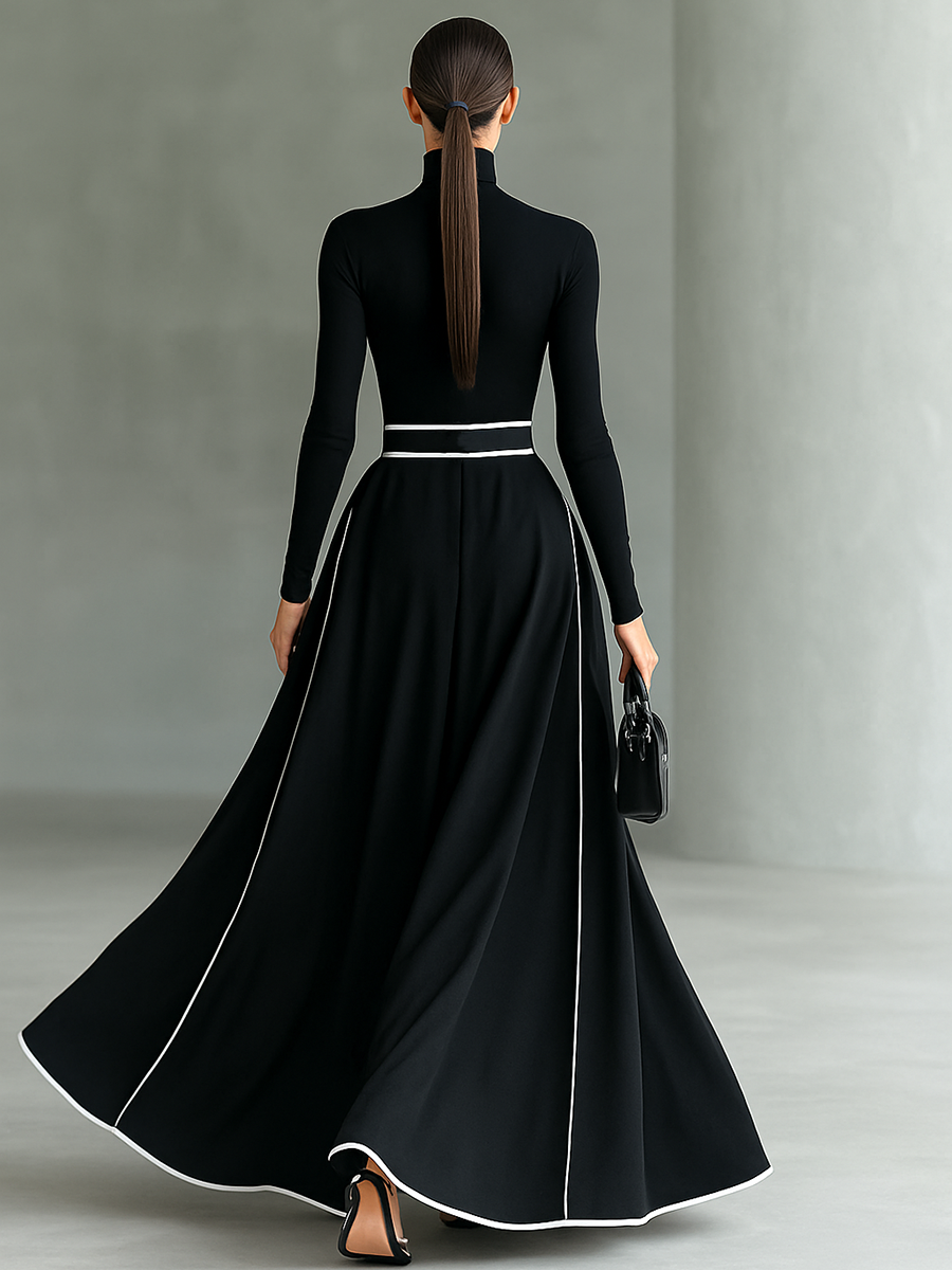 Robe maxi noire pour femmes avec coutures blanches, col haut, manches longues, ceinture ajustée MDA1031G0Y