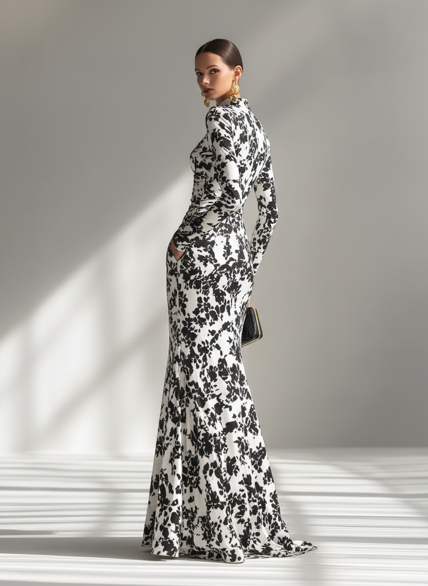 Robe maxi pour femmes avec col haut à fleurs, noir et blanc MDA1295K1AP