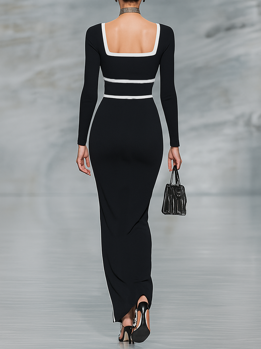 Robe maxi ajustée avec col carré et manches longues en noir et blanc MDA1698G8Y
