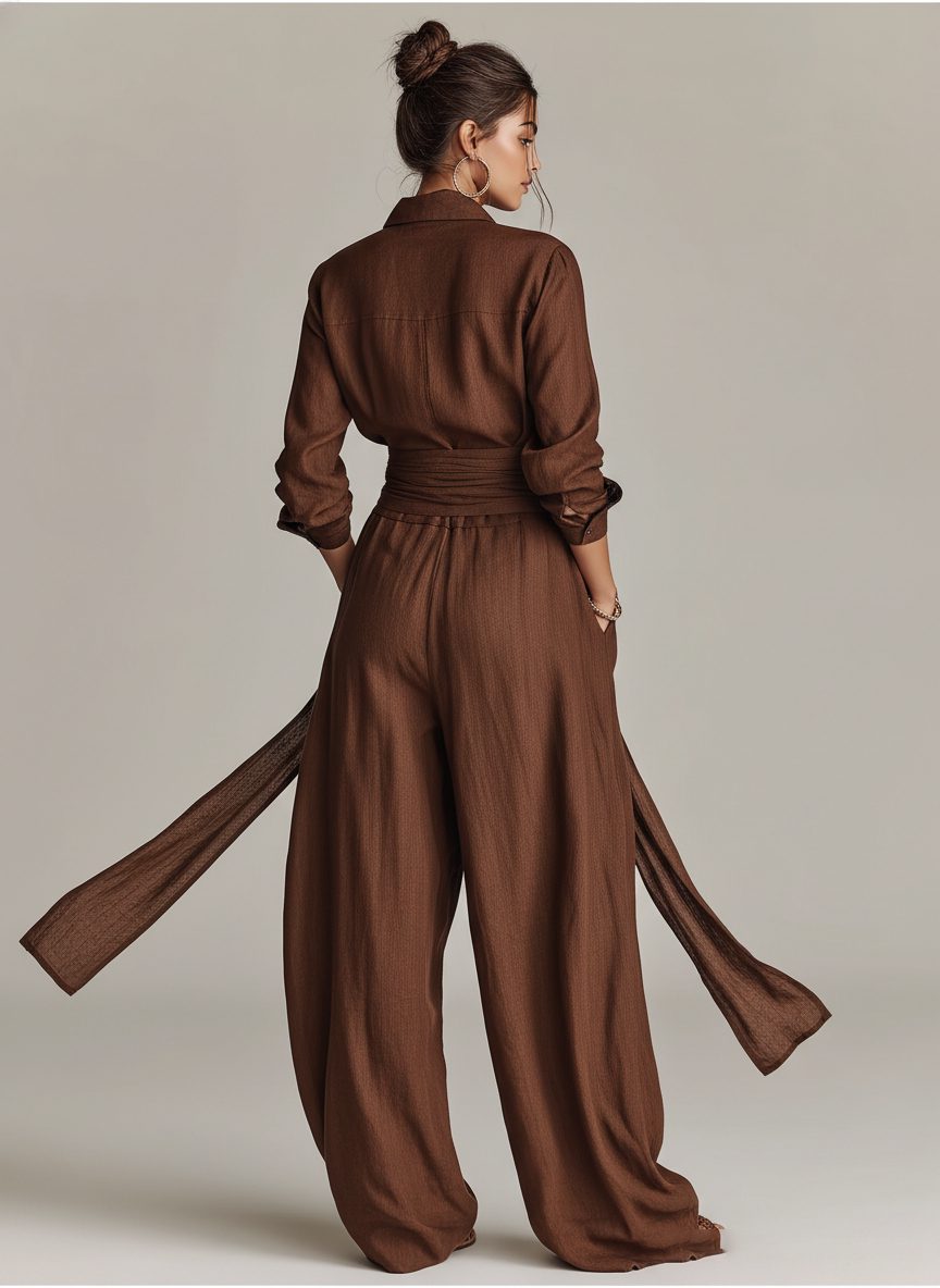 Body pour femmes avec col chemise, tissé en tissu coton-lin de couleur marron, avec ceinture MDA1965L9AN