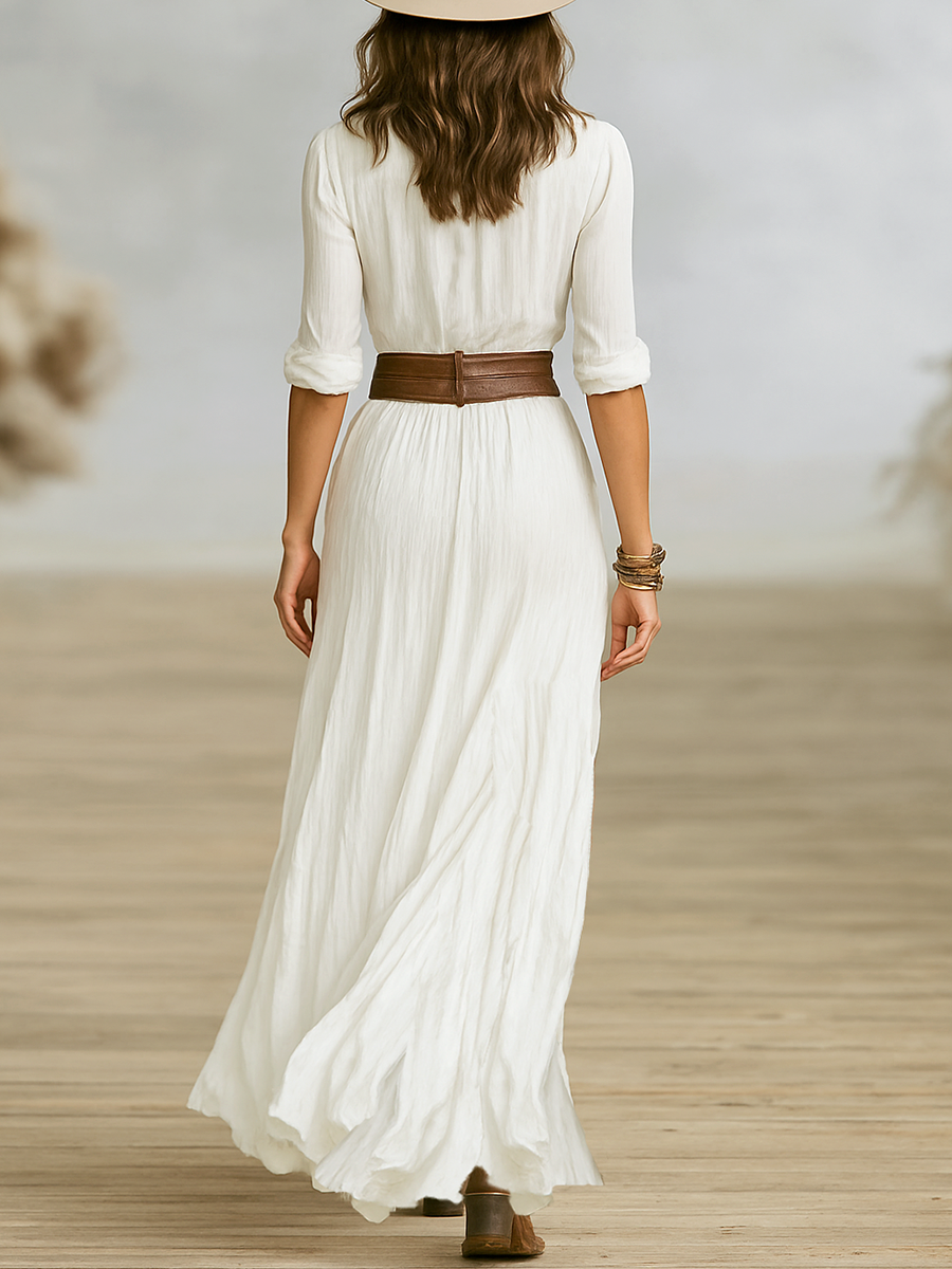 Robe maxi pour femmes en tissu imitation coton et lin avec plis, col en V, un bouton, manches longues MDA1968G0Y