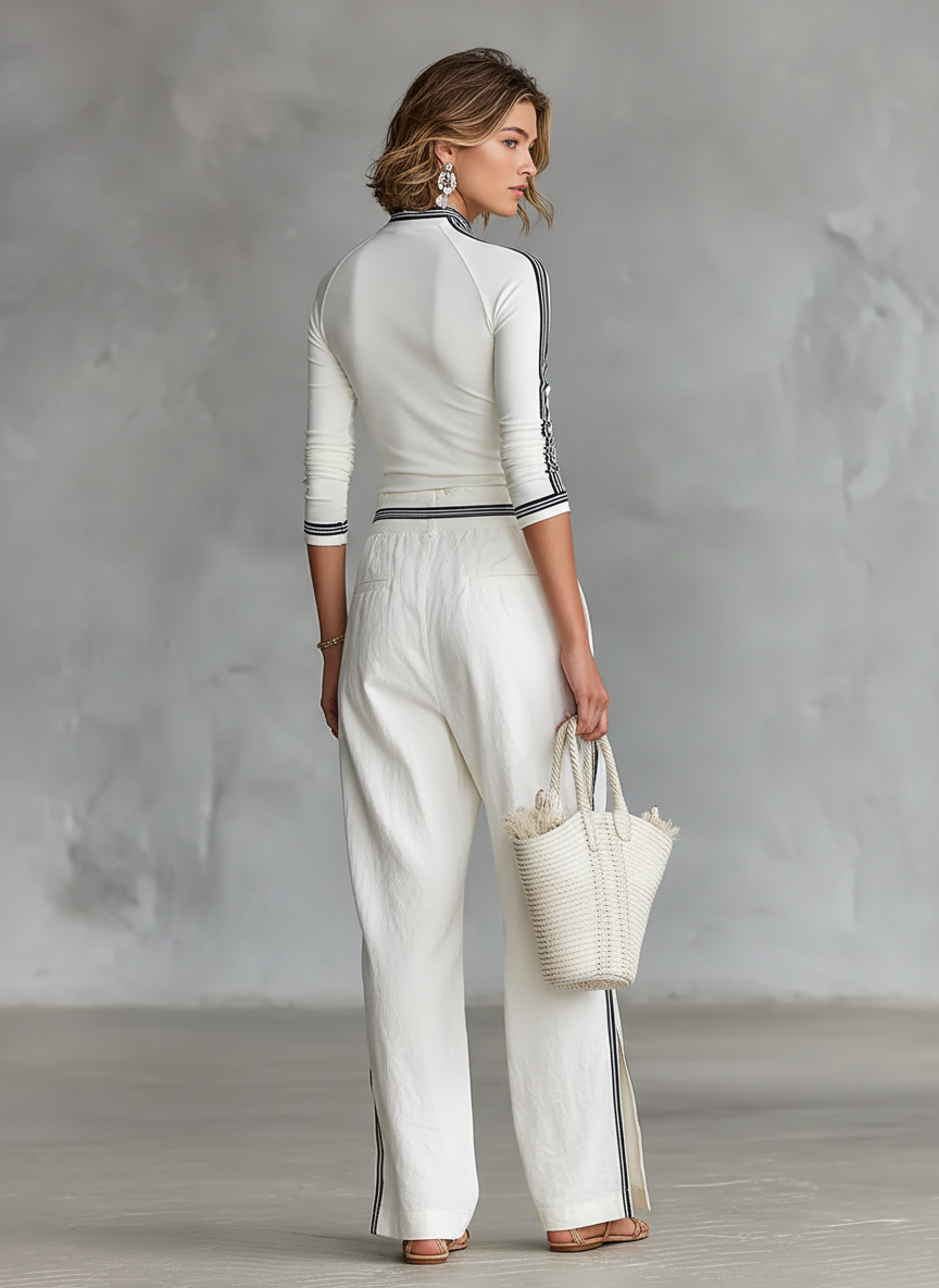 Ensemble de deux pièces : t-shirt à col montant et pantalon à jambes larges avec cordon pour femmes MDA2569G9Y