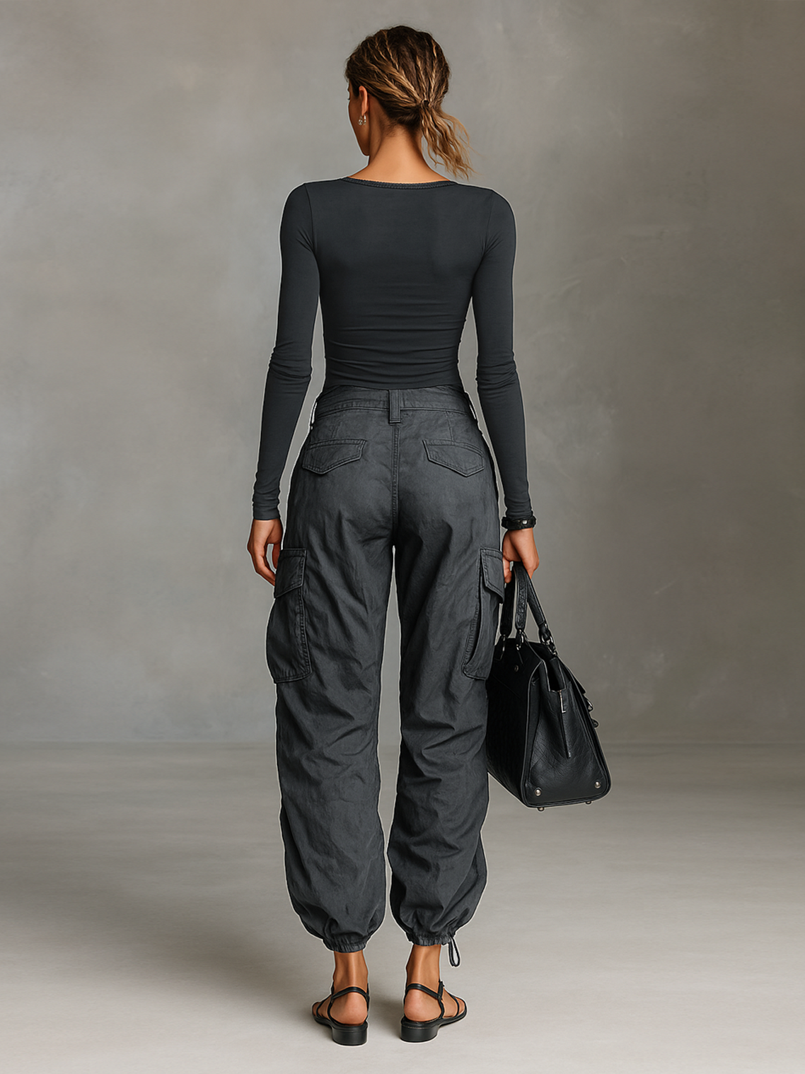 Ensemble deux pièces t-shirt à manches longues avec col carré et pantalon cargo avec de nombreuses poches