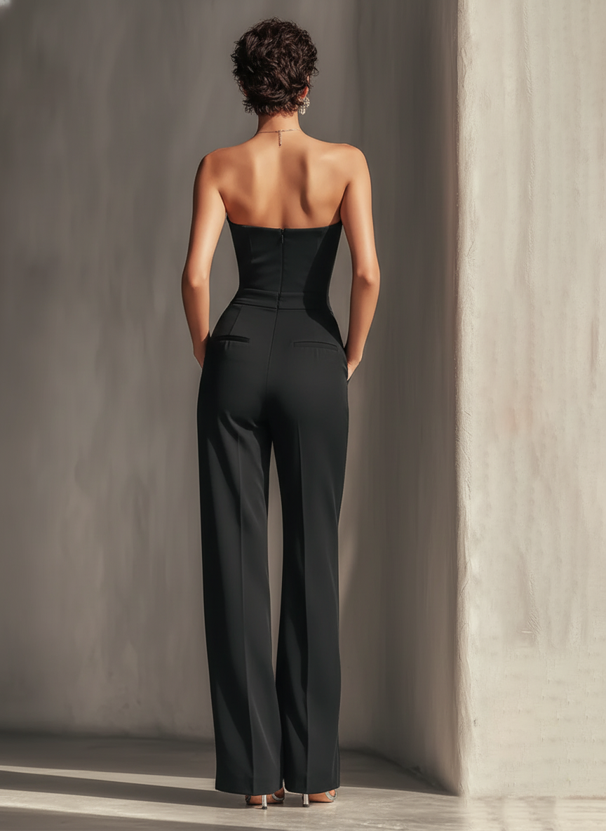 jumpsuit sans bretelles pour femmes en noir avec des rayures verticales blanches contrastées et des poches latérales MDZ0336C7T