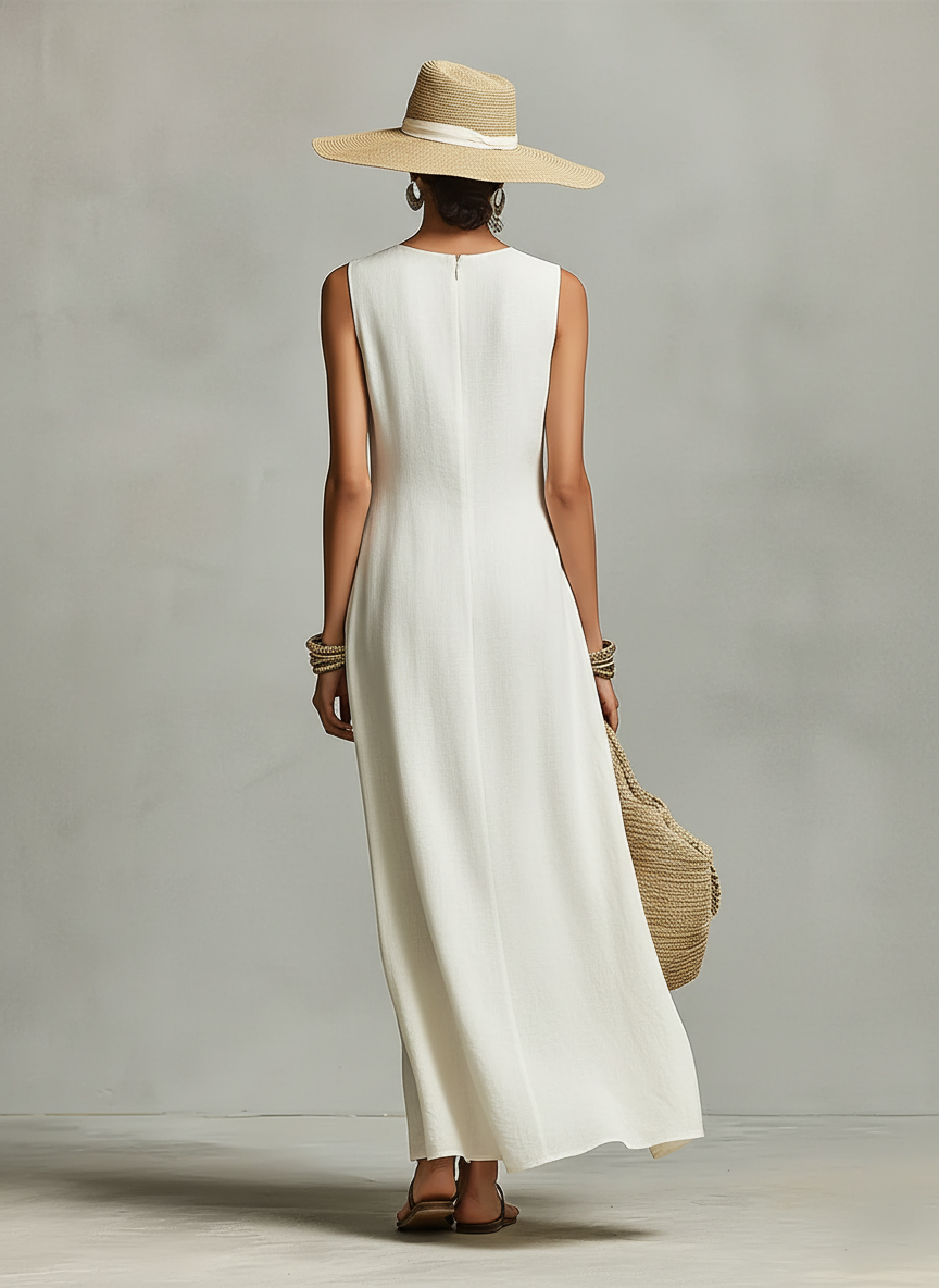 Robe femme en lin respirant couleur ivoire avec détails sans manches et ourlet asymétrique, robe au style moderne décontracté-féminin MDZ0408C2I