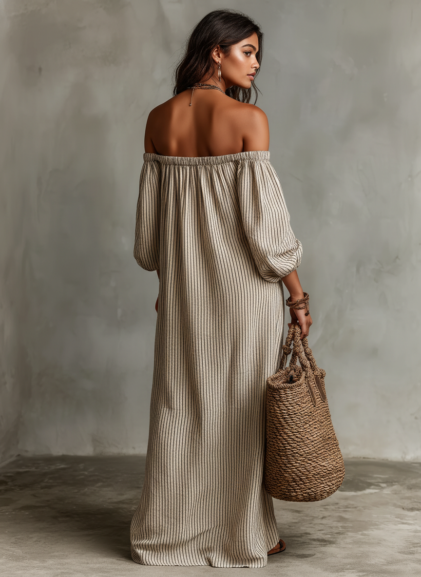 Robe maxi longue avec manches longues et épaule dénudée pour femmes en tissu coton-lin MDZ0481B5Y
